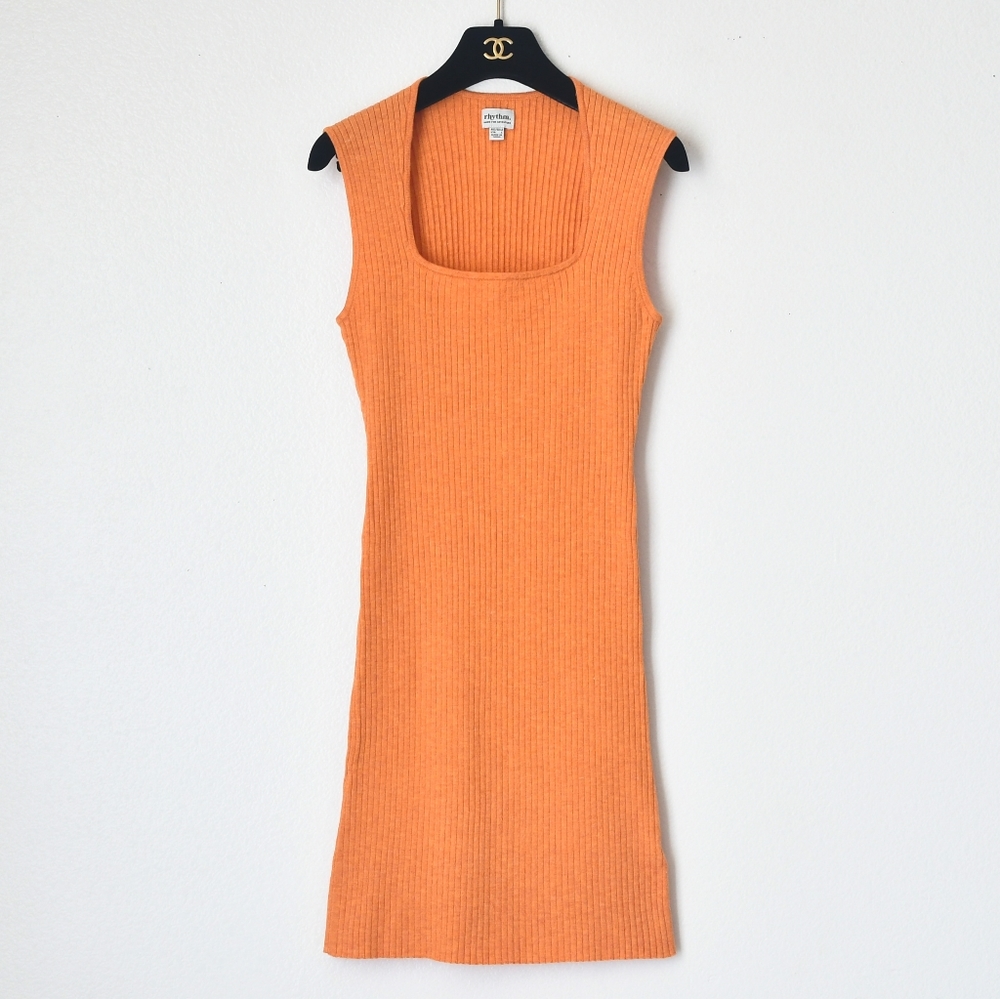 Rhythm. Orange Square Neck Ribbed Knit Bodycon Minidress Size Large